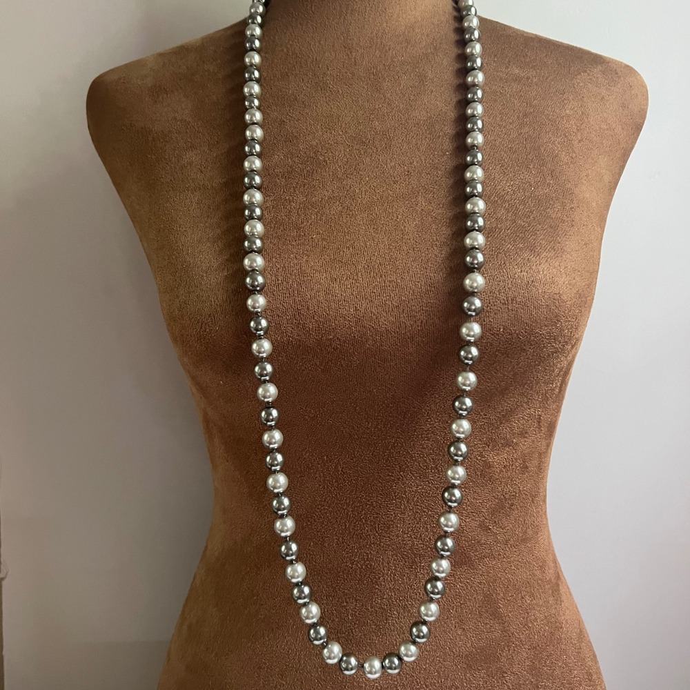 Two Tone Grey Glass Faux Pearl Hand‎ Knotted Long Strand 40" Necklace Old Money